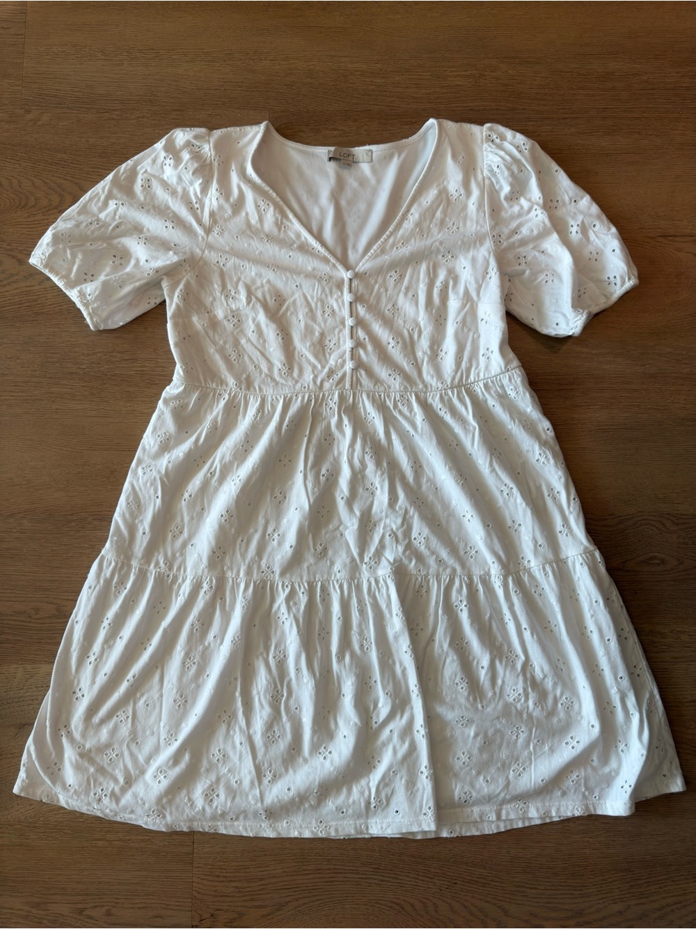 LOFT White Eyelet V-Neck Tiered Short Sleeve Dress